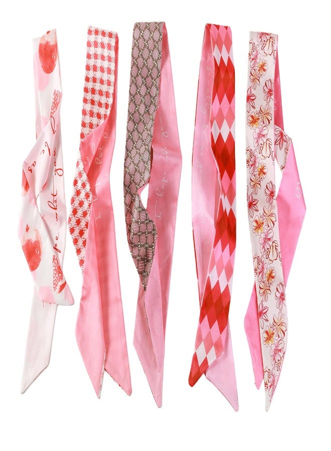 Lotsof 5Pcs Scarves for Women Purse Scarf Handbags Skinny Twill Hair Scarves Narrow Neck Scarf Band Fashion Accessories Bag Charms (Romantic pink) - Image 1